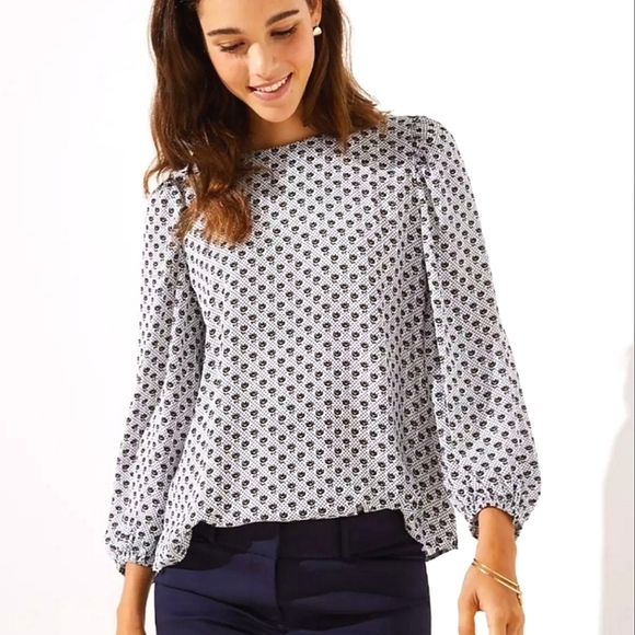 LOFT Tops - Loft White Small Tulip Print Puff Sleeve Boat Neck Blouse Size L